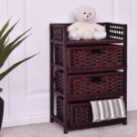 Brown 3 Drawers Wicker Baskets Chest Rack Organizer Home Table Cabinet Wood Storage