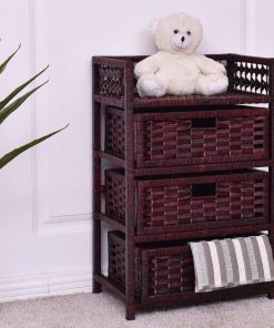 Brown 3 Drawers Wicker Baskets Chest Rack Organizer Home Table Cabinet Wood Storage