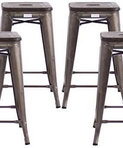 Buschman Metal Bar Stools 24 Counter Height, Indoor/Outdoor, Stackable, Set of 4 (Gun Metal with Premium Wooden Seat)