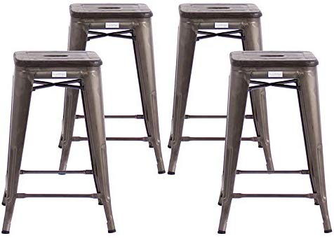 Buschman Metal Bar Stools 24 Counter Height, Indoor/Outdoor, Stackable, Set of 4 (Gun Metal with Premium Wooden Seat)