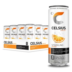 CELSIUS Sparkling Orange Fitness Drink, Zero Sugar, 12oz. Slim Can (Pack of 12)