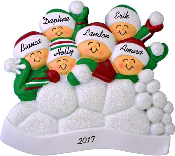 Calliope Designs Snowball Fight Personalized Christmas Ornament (6 People) - Family Fun in The Snow - Handpainted Resin - 4" Tall - Free Customization