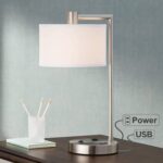 Colby Modern Desk Table Lamp with Hotel Style USB and AC Power Outlet in Base Brushed Nickel White Linen Drum Shade for Bedroom Office – 360 Lighting