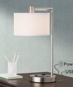 Colby Modern Desk Table Lamp with Hotel Style USB and AC Power Outlet in Base Brushed Nickel White Linen Drum Shade for Bedroom Office - 360 Lighting