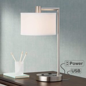 Colby Modern Desk Table Lamp with Hotel Style USB and AC Power Outlet in Base Brushed Nickel White Linen Drum Shade for Bedroom Office - 360 Lighting
