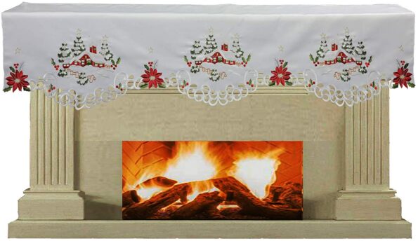 Creative Linens Holiday Christmas Mantel Scarf 19x70 Embroidered Red Poinsettia Christmas Tree Snowy Cabin Winter Fireplace Decoration White