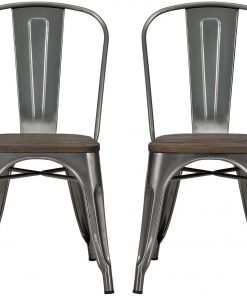 DHP Fusion Metal Dining Chair with Wood Seat, Distressed Metal Finish for Industrial Appeal, Set of two, Antique Gun Metal