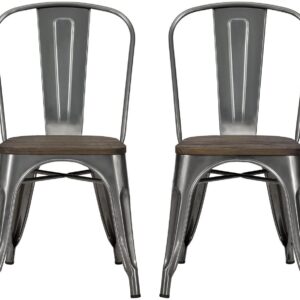 DHP Fusion Metal Dining Chair with Wood Seat, Distressed Metal Finish for Industrial Appeal, Set of two, Antique Gun Metal