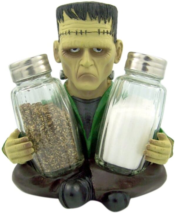 DWK - Frankenspice - Frankenstein's Monster Figurine Salt & Pepper Shaker Holder Horror Classic Halloween Decoration Home Decor Kitchen Dining Accent 3-Piece Set, 5.5-inch