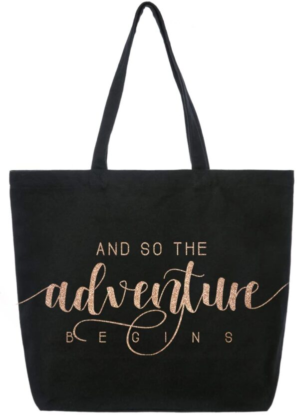 ElegantPark And So the Adventure Begins Wedding Bride Tote Bachelorette Party Gift Personalized Travel Shoulder Bag Canvas Black with Champagne Glitter
