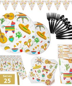 Fiesta Party Supplies 177PCS Mexican Theme Cinco De Mayo Disposable Tableware Set Includes Plates, Cups, Napkins, Spoons, Forks, Knives, Tablecloth and Banner, Serves 25