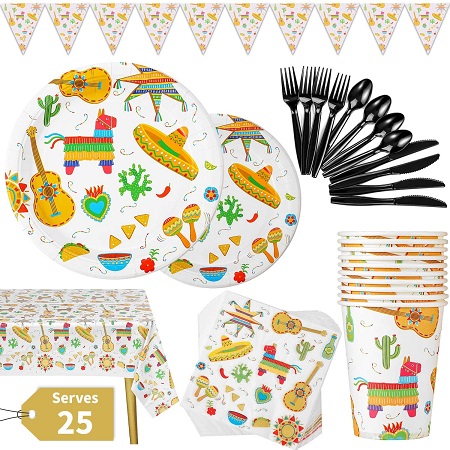 Fiesta Party Supplies 177PCS Mexican Theme Cinco De Mayo Disposable Tableware Set Includes Plates, Cups, Napkins, Spoons, Forks, Knives, Tablecloth and Banner, Serves 25