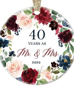 40 Forty Years Married Mr. & Mrs. 2020 Christmas Ornament Keepsake Gift 40th Wedding Anniversary Husband & Wife Pretty Ceramic Holiday Decoration Present Porcelain 3" Flat with Gold Ribbon Free Box