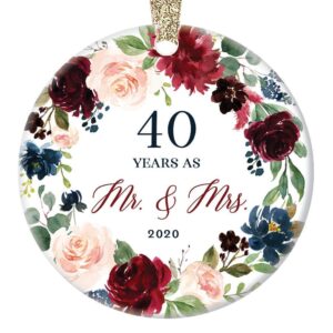 40 Forty Years Married Mr. & Mrs. 2020 Christmas Ornament Keepsake Gift 40th Wedding Anniversary Husband & Wife Pretty Ceramic Holiday Decoration Present Porcelain 3" Flat with Gold Ribbon Free Box