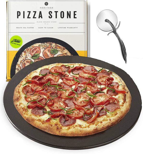 Heritage Black Ceramic Pizza Stone ​Pan ​and Pizza Cutter Wheel ​Set​ - Baking Stones for Oven, Grill & BBQ - ​Stainless​ ​& Nonstick
