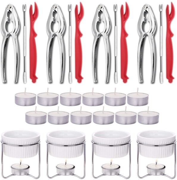 Hiware 28-Piece Seafood Tools Set - Crab Lobster Crackers and Picks Tools Service for 4, Includes Crab Leg Crackers, Butter Warmers, Lobster Shellers, Crab Forks and Tealight Candles