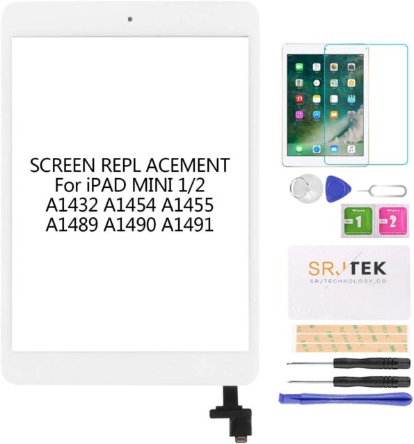 for IPad Mini 2 Touch Screen Replacement, A1432 A1454 A1455 A1489 A1490 Digitizer Replacement Glass Repair Parts, with IC Chip,Home Button,Cameral Holder,White