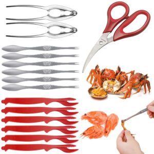 JDSUMS 15 Seafood Tools Picks Set Crackers Tools,2 Lobster Shellers,6 Red Picks,1 Scissor,6 Stainless Steel Forks for Lobster, Crab, Crawfish and Other Crustaceans - Kitchen Easy-opener Picnic Tools