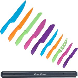 Knife Set with Magnetic Bar, Colorful 10-Piece Stainless Steel Kitchen Tools, Magnet Bar for Storage and Organization - Chef Knives by Classic Cuisine