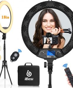 18'' LED Ring Light with Stand, Wireless Remote Control LCD Screen with Phone Holders & Three Hot Shoe Ports, 3200K-5500K Color Adjustment Range, for Selfies, Photography, Makeup, YouTube, Tiktok.