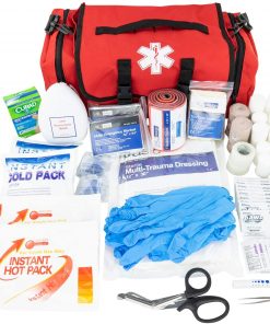 LINE2design Emergency Fire First Responder Kit - Fully Stocked First Aid Rescue Trauma Bag - EMS EMT Paramedic Complete Lifeguard Medical Supplies for Natural Disasters - Red