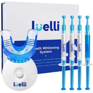 LUELLI Teeth Whitening Kit - 5X LED Light Tooth Whitener with 35% Carbamide Peroxide, Mouth Trays, Remineralizing Gel