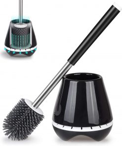 MEXERRIS Toilet Brush and Holder Set Stainless Steel with Soft Silicone Bristle, Sturdy Cleaning Toilet Bowl Cleaner Brush Set for Bathroom Storage Organization - Tweezers Included (Black)