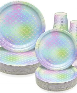 150 PCS Mermaid Party Supplies Paper Dinnerware Set - Bridal Wedding Baby Shower Girl Birthday Hawaii Ocean Cocktail Party Disposable Tableware with 50 Dinner Plates, 50 Dessert Plates, 50 9 oz Cups