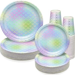 150 PCS Mermaid Party Supplies Paper Dinnerware Set - Bridal Wedding Baby Shower Girl Birthday Hawaii Ocean Cocktail Party Disposable Tableware with 50 Dinner Plates, 50 Dessert Plates, 50 9 oz Cups