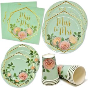 Miss To Mrs Party Supplies Tableware Set 24 9" Dinner Plates 24 7" Dessert Plate 24 9 Oz Cups 50 Lunch Napkins Gold for Engagement Wedding Disposable Paper Goods Bridal Shower Dinnerware Decor