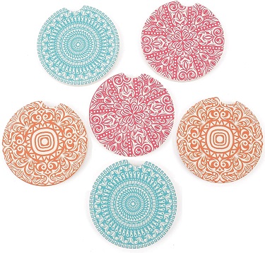Pack of 6 Ceramic Car Absorbent Coasters Auto Cup Holder Coasters Car Accessories To Keep Your Car Cup Holders Clean and Dry 2.56'' Fit Most Cars(Mandala Flower)