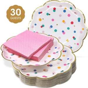 9” Paper Party Plates and Cocktail Napkins Set – Ultra-Thick 400GSM Disposable Plates Won’t Become Soggy – Pink and Gold Party Supplies for Birthday Baby Shower Dinnerware. 30 Value Pack