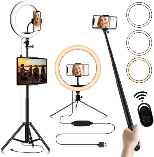 10-inch Selfie Ring Light, Selfie Stick Tripod 76.7-inch Expandable, Tablet Holder Mobile Phone Holder 3 Light Modes, for Makeup/Photography/YouTube/Vlog/TIK Tok/Live/Streaming with Bluetooth Shutter