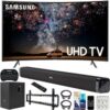Samsung 65-inch RU7300 HDR 4K UHD Smart Curved LED TV (2019) Bundle with Deco Gear Soundbar with Subwoofer, Wall Mount Kit, Deco Gear Wireless Keyboard, Cleaning Kit and 6-Outlet Surge Adapter