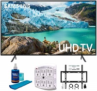 Samsung 75" RU7100 LED Smart 4K UHD TV 2019 Model (UN75RU7100FXZA) with Flat Wall Mount Kit Ultimate Bundle for 45-90 inch TVs, Screen Cleaner for LED TVs & SurgePro 6-Outlet Surge Adapter
