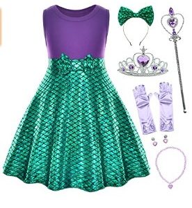 Princess Mermaid Green Dress Costumes for Toddler Little Girls with Headband,Crown,Mace,Gloves,Necklace,Earrings