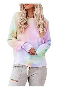 DressU Womens Pullover Floral Spring Casual Loose Long-Sleeve Tie Dye T-Shirt 