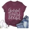 Grateful Thankful Blessed Thanksgiving Shirts for Women V Neck T-Shirt Short Sleeve Letter Print Tee Casual Fall Tops