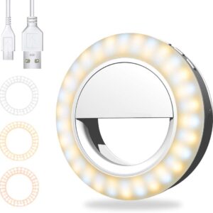 Selfie Ring Light, Rechargeable 600mAh Clip on 60 LED Circle Light with 3 Light Modes for iPhone/Android Smart Phone Photography, Camera Video Recording, VLOG