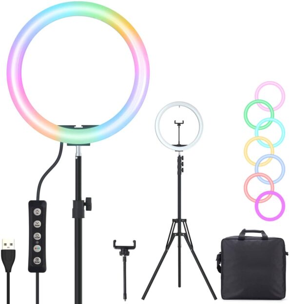Spardar Ring Light 13 Inch RGB LED Colors Dimmable Circle Makeup Flash Light with Cell Phone Holder Desktop Ring Lights kit for Live Stream/Makeup/Video/Photography