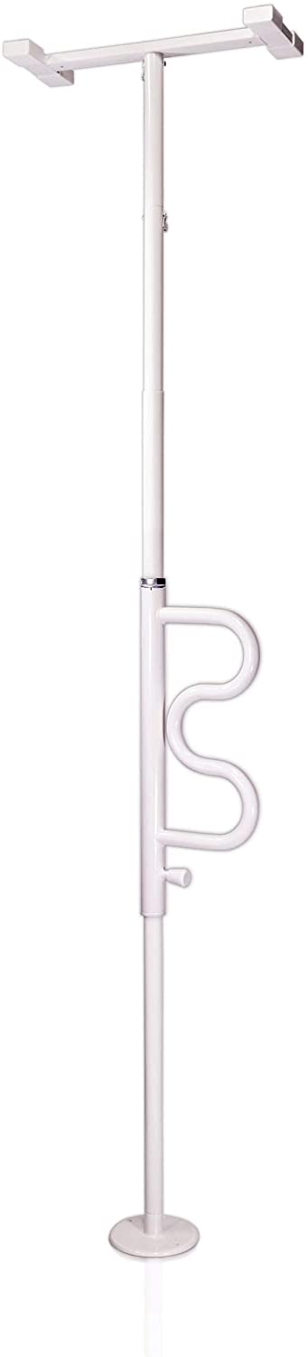 Stander Security Pole and Curve Grab Bar, Elderly Tension Mounted Floor to Ceiling Transfer Pole, Bathroom Safety Assist and Stability Rail, Iceberg White