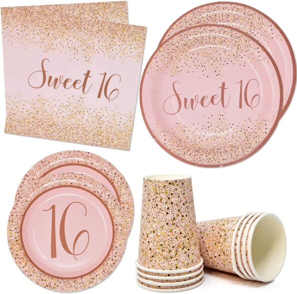 Sweet 16 Birthday Party Supplies Tableware Set Includes 24 9" Paper Plates 24 7" Plate 24 9 Oz Cups 50 Lunch Napkins for Teens Girls Sixteen Year Old Pink and Gold Dot Themed Disposable Dinnerware