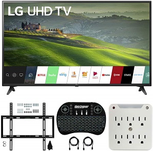 LG 60UM6900 60-inch HDR 4K UHD Smart LED TV (2019) Bundle with Deco Mount Flat Wall Mount Kit, Deco Gear Wireless Backlit Keyboard and 6-Outlet Surge Adapter with Night Light
