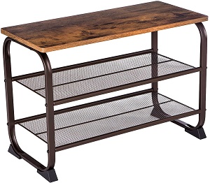 VASAGLE Industrial Shoe Bench Rack, 3-Tier Shoe Storage Shelf for Entryway Hallway Living Room, Wood Look Accent Furniture with Metal Frame, Easy Assembly