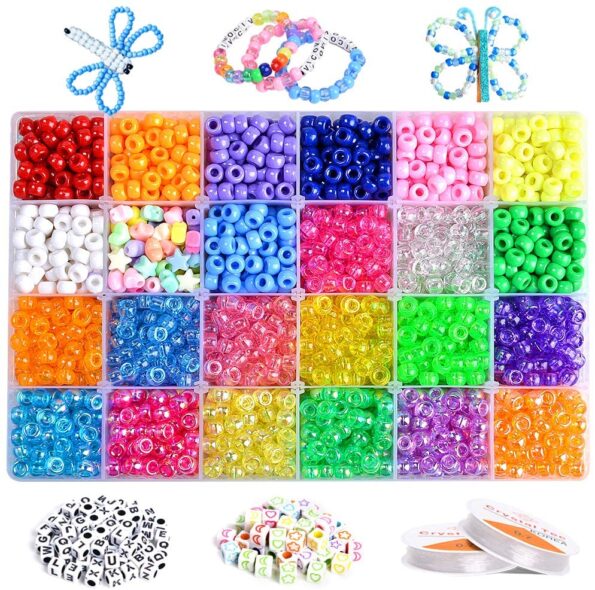 VICOVI 3640+pcs Pony Beads Kit for Bracelet Jewelry Making, Hair Beads, Include 23 Colors Rainbow Beads(9mm), 520 Letter Beads, 50 Color Beads, 90 Heart & Heart Beads and 2 Rolls Elastic String.