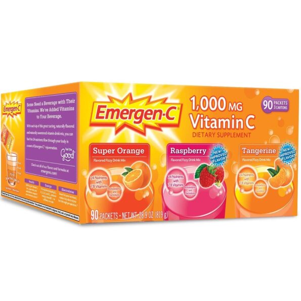Emergen-C 1,000 mg Vitamin C Dietary Supplement Drink Mix, Super Orange/Raspberry/Tagerine, 90 Packets