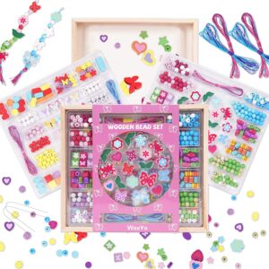 WeeYo 2 Pack Butterfly Crafts for Girls Ages 4-10 413pcs Wooden Bead Set in a Wooden Tray Wood Necklace Bracelet Jewelry Making Kit Gifts Set for Girls