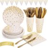 White and Gold Party Supplies 150PCS Golden Dot Disposable Party Dinnerware Includes Paper Plates, Napkins, Knives, Forks, 12oz Cups, Banner, for Bridal Shower, Engagement, Wedding, Serves 25