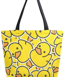 ZzWwR Chic Cute Rubber Yellow Ducky Pattern Extra Large Canvas Market Beach Travel Reusable Grocery Shopping Tote Bag Portable Storage HandBags