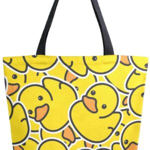 ZzWwR Chic Cute Rubber Yellow Ducky Pattern Extra Large Canvas Market Beach Travel Reusable Grocery Shopping Tote Bag Portable Storage HandBags